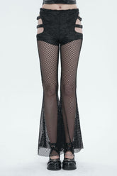Pantalon gothique noir pour femme avec panneau en maille extensible et découpes évasées